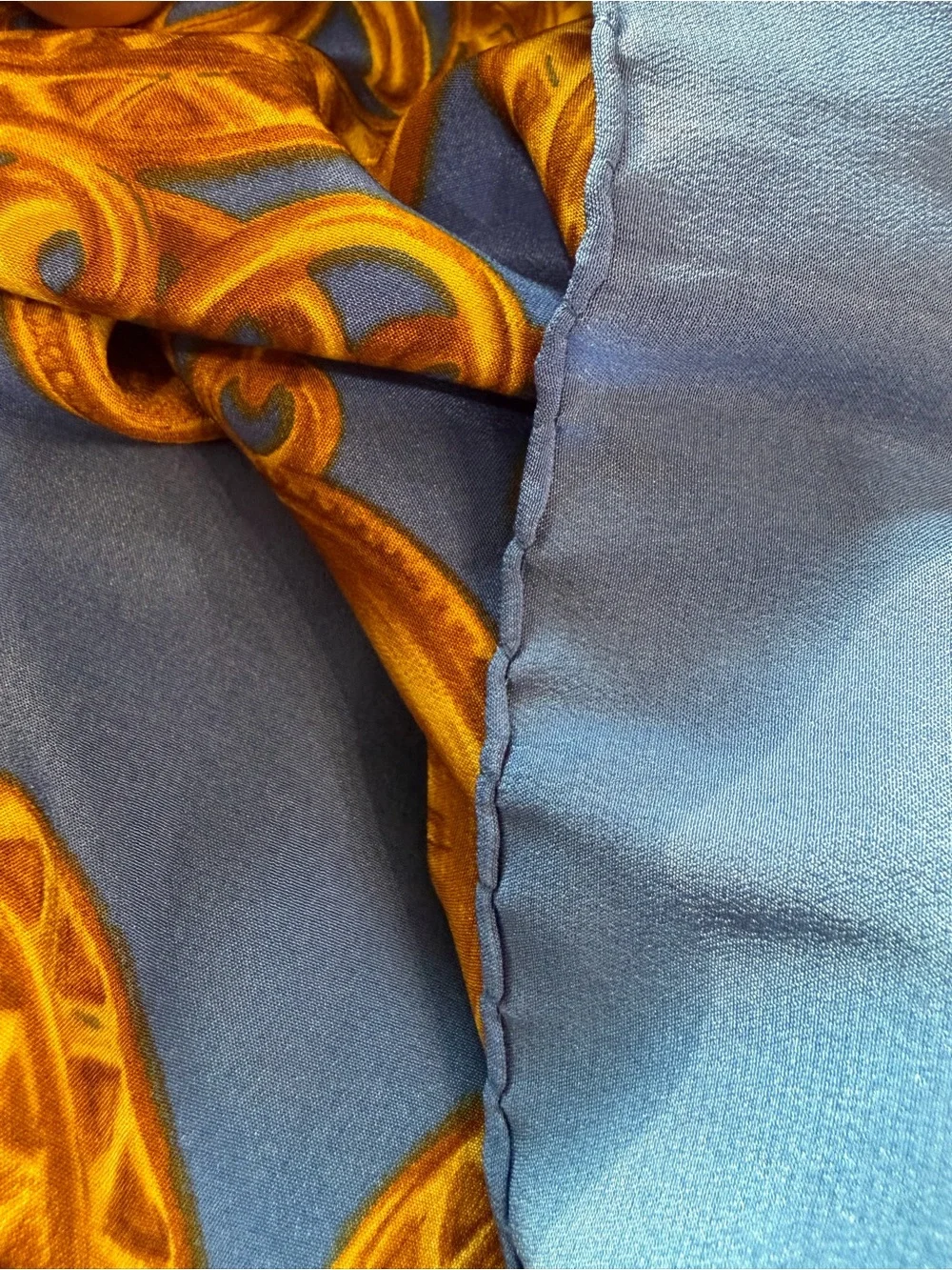 CHANEL Large Blue and Gold Coin Motif Silk Scarf